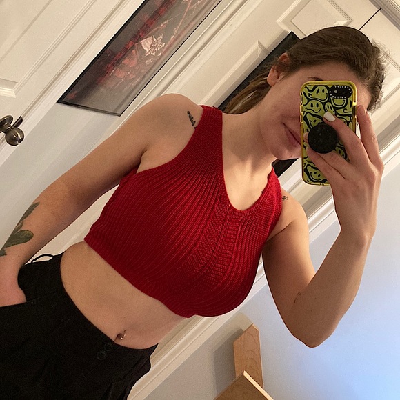 Red knitted, tight-fitted, Dynamite crop top. - Picture 1 of 5